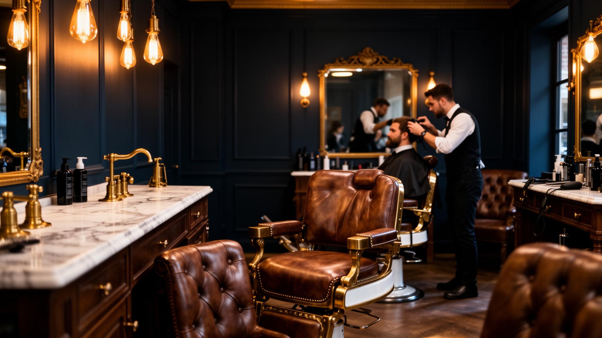 Barbearia clássica com detalhes em latão dourado